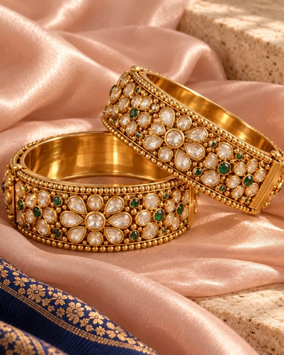 Rani kadas in gold with uncut stones and emeralds