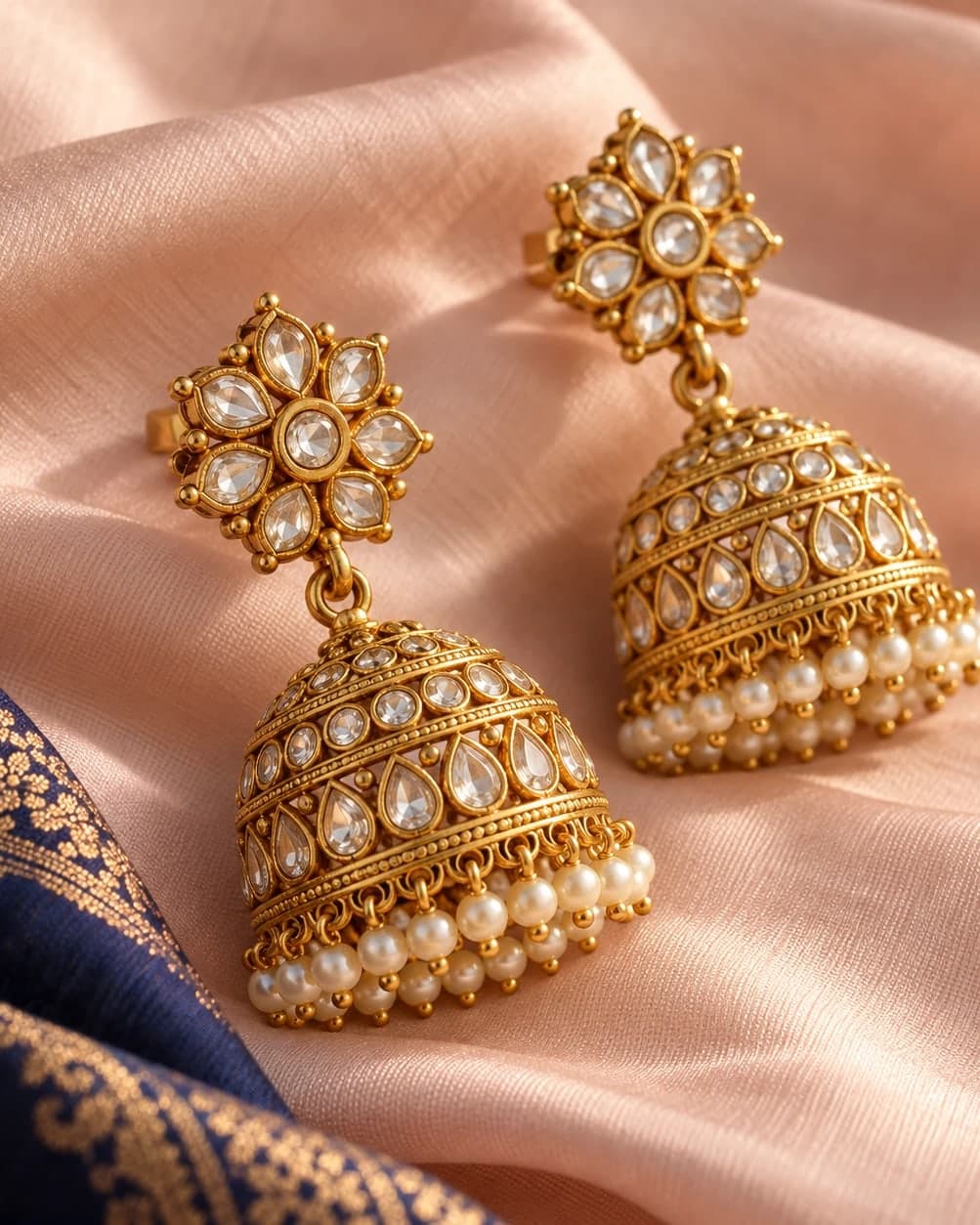 Nayab jhumkas in navy and saffron with pearl drops