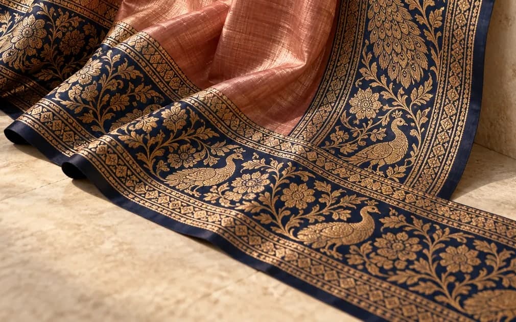The navy and gold peacock border of a rose silk saree