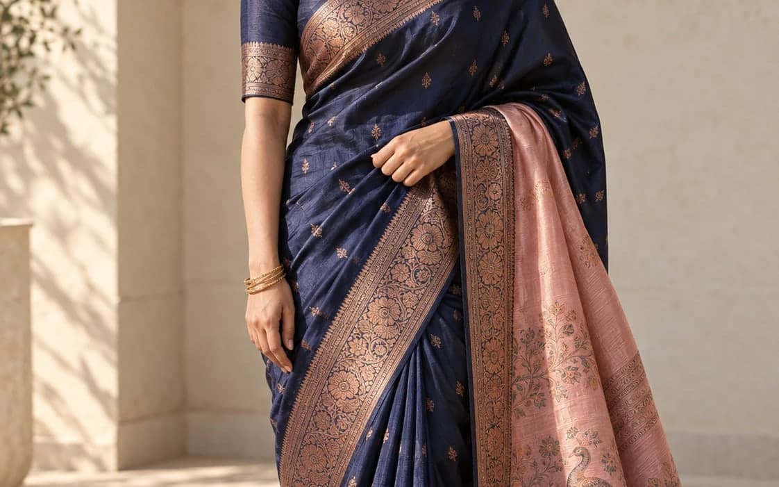 The copper zari border of a navy handloom saree