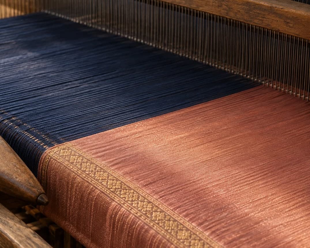 Navy and rose silk on the loom, the border taking shape