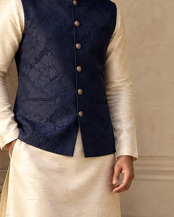 Veer mashru kurta in navy and saffron stripes