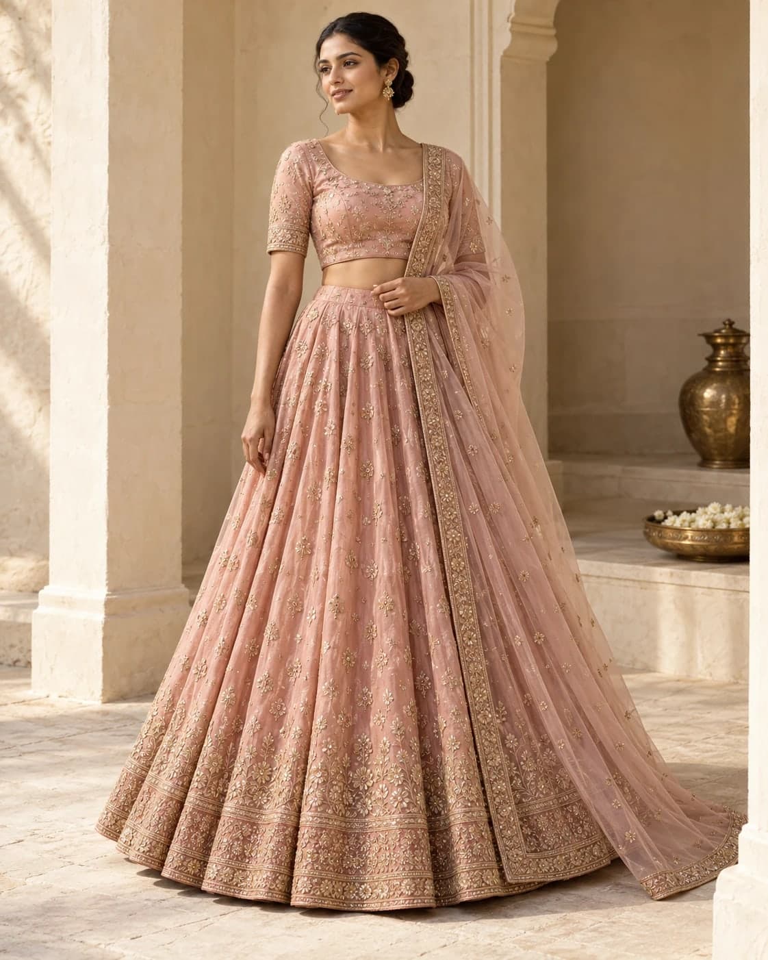 Gulnar Chanderi lehenga in blush with saffron buti and navy hem
