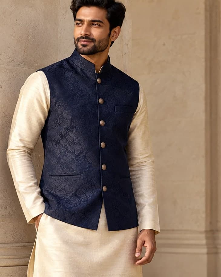 Shahzad brocade sherwani in navy with saffron vine